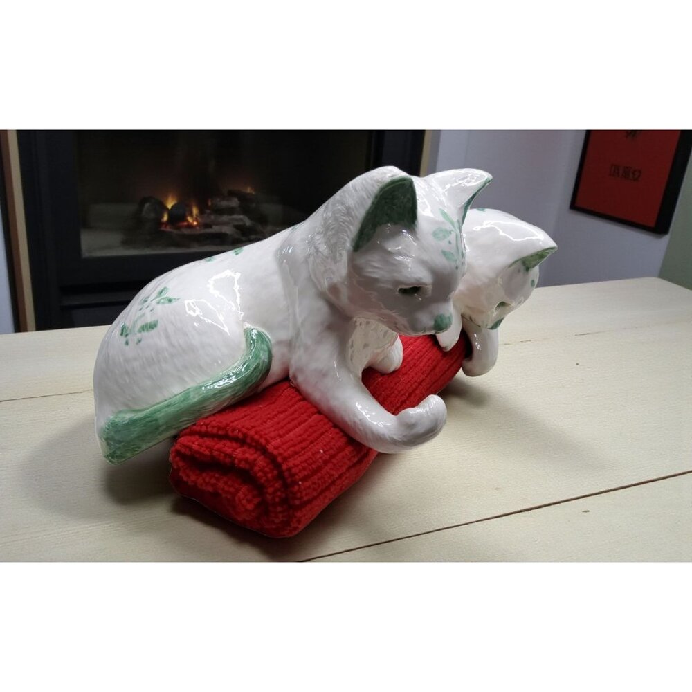 vintage ceramic cat shelf sitter pair, white with mint green, handpainted, from